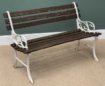 GARDEN BENCH with white painted cast metal ends and stretcher, the seat and back with wooden
