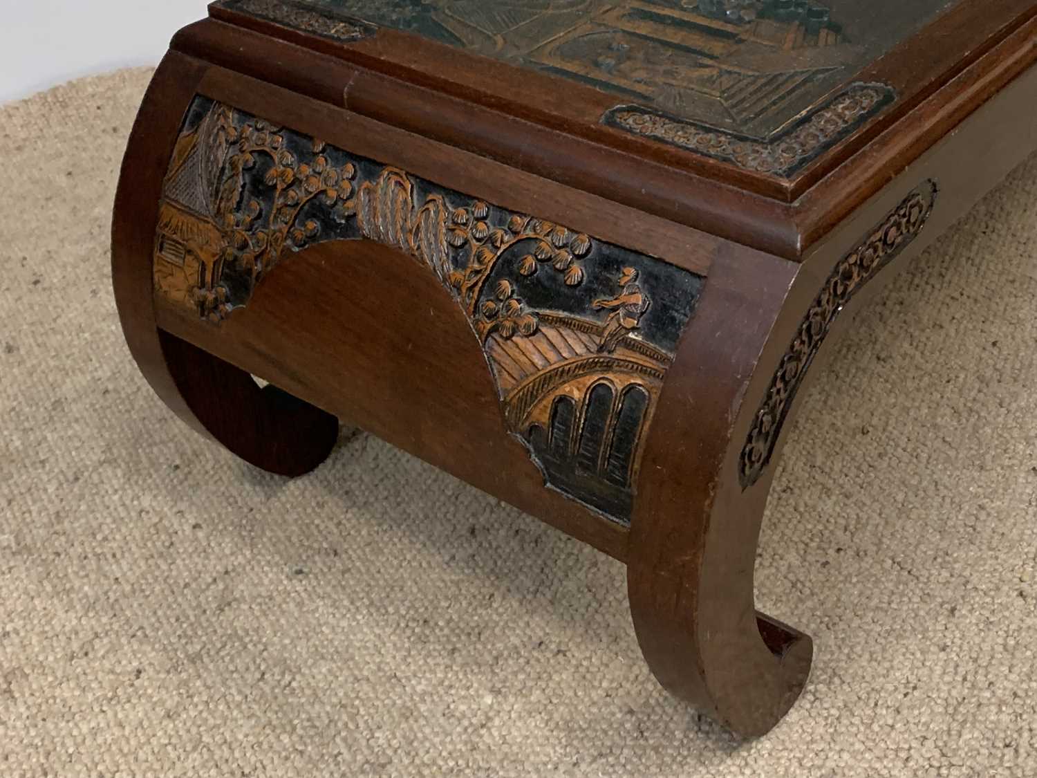 EASTERN CARVED COFFEE TABLE with bowed legs, 30cms H, 90cms W, 38cms D and two Ffrith Chinese washed - Image 6 of 6