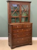 CIRCA 1900 OAK BOOKCASE CHEST, the upper section with twin glazed doors, the base having two short