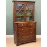 CIRCA 1900 OAK BOOKCASE CHEST, the upper section with twin glazed doors, the base having two short