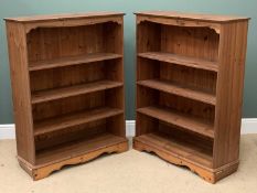 MODERN PINE BOOKCASES, a pair, having four open shelves, 126cms H, 96cms W, 34cms D