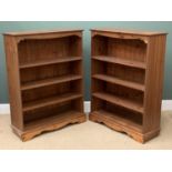 MODERN PINE BOOKCASES, a pair, having four open shelves, 126cms H, 96cms W, 34cms D