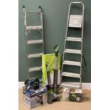 HOUSEHOLD ITEMS & TOOLS to include stepladders, G-Tech cordless vacuum cleaner, bench grinder,