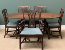 MAHOGANY EXTENDING DINING TABLE, twin pedestal, 76cms H, 183cms W, 91cms D and a set of four plus