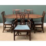 MAHOGANY EXTENDING DINING TABLE, twin pedestal, 76cms H, 183cms W, 91cms D and a set of four plus