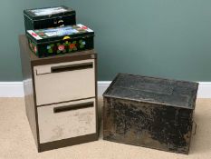 METAL BOXES and a two door filing cabinet with key, also a trunk 38 cms H, 66cms W, 47cms D and