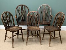 FARMHOUSE TYPE DINING CHAIRS (5) with wheelbacks and spindles including two carvers