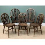 FARMHOUSE TYPE DINING CHAIRS (5) with wheelbacks and spindles including two carvers