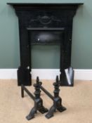 CAST IRON FIRE SURROUND, 108cms H, 87cms W, 13cms D and a pair of heavy cast fire dogs