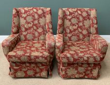 VINTAGE ARMCHAIRS, a pair, classically upholstered in red and gold