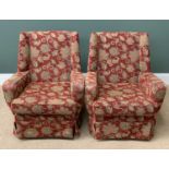 VINTAGE ARMCHAIRS, a pair, classically upholstered in red and gold