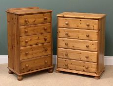 TWO FIVE DRAWER CHESTS, modern pine, 110cms H, 67cms W, 46cms D and 101cms H, 77cms W, 46cms D