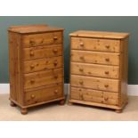 TWO FIVE DRAWER CHESTS, modern pine, 110cms H, 67cms W, 46cms D and 101cms H, 77cms W, 46cms D