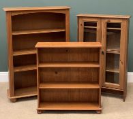 MODERN PINE BOOKCASES, the largest 122cms H, 88cms W, 30cms D, another smaller 83cms H, 77cms W,