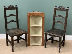 HALL CHAIRS, a pair, in carved oak, 68cms H, 48cms W, 40cms D and a vintage three shelf hanging