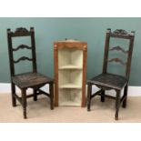 HALL CHAIRS, a pair, in carved oak, 68cms H, 48cms W, 40cms D and a vintage three shelf hanging