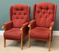 NEAR PAIR OF MODERN EASY CHAIRS with button backs, red upholstery, 'Cotswold Eden', 110cms H,