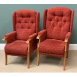 NEAR PAIR OF MODERN EASY CHAIRS with button backs, red upholstery, 'Cotswold Eden', 110cms H,