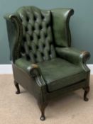 WINGBACK ARMCHAIR - green leather effect with button back and studded arms