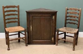 ANTIQUE OAK SINGLE DOOR HANGING CORNER CUPBOARD, 90cms H, 77cms W, 41cms D and two rush seated,