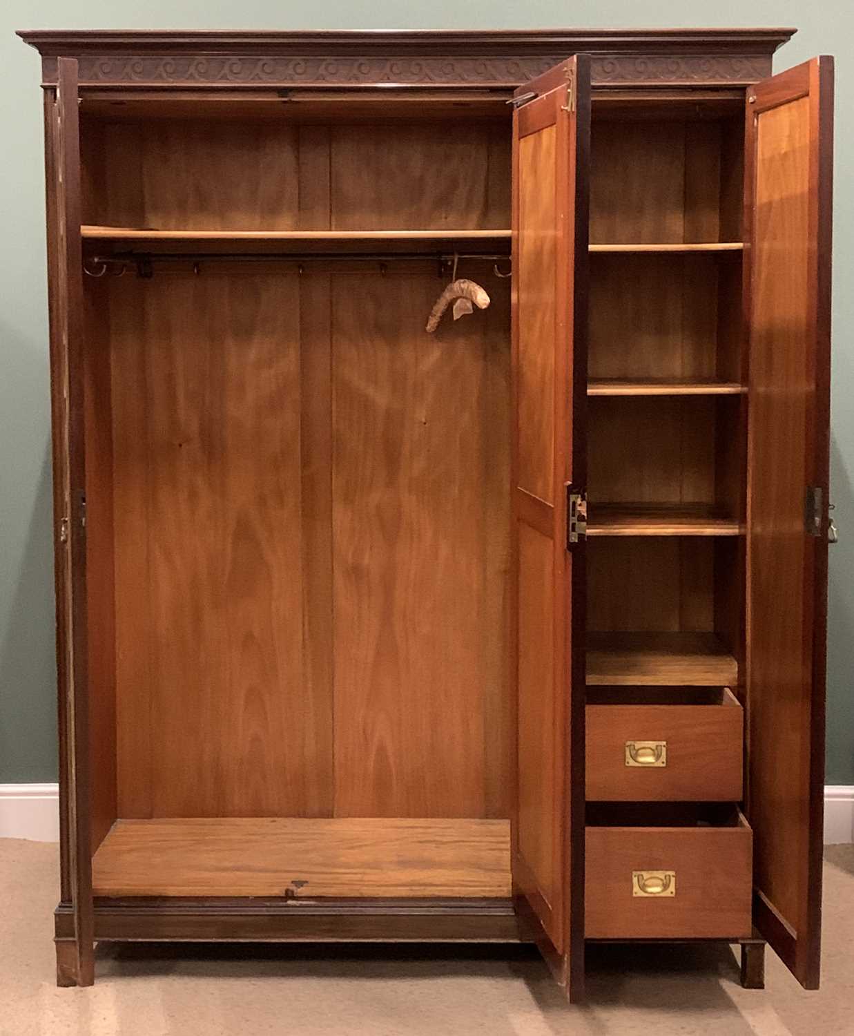 ANTIQUE WALNUT EFFECT BEDROOM SUITE comprising double wardrobe, 205cms H, 160cms W, 55cms D, - Image 3 of 7