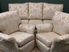THREE PIECE LOUNGE SUITE - classically and recently re-upholstered, cream ground, comprising three