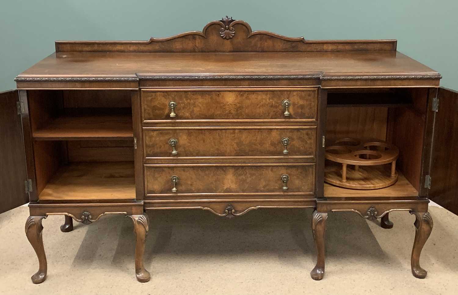 BURR WALNUT BREAKFRONT RAILBACK SIDEBOARD in the Queen Anne style having three central drawers - Image 3 of 5