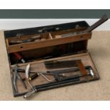 TOOLS - vintage carpenter's type toolbox with assorted contents, painted black, 40cms H, 80cms W,