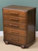 POLISHED OAK EFFECT CHEST of five drawers with fancy feet and retro handles, 99cms H, 75cms W, 47cms