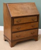 MAHOGANY BUREAU, crossbanded with brass swing handles, 97cms H, 78cms W, 46cms D