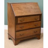 MAHOGANY BUREAU, crossbanded with brass swing handles, 97cms H, 78cms W, 46cms D