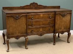 BURR WALNUT BREAKFRONT RAILBACK SIDEBOARD in the Queen Anne style having three central drawers