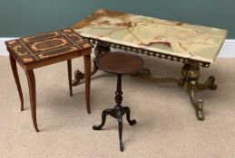 FURNITURE ASSORTMENT (3) - brass and onyx coffee table, 46cms H, 100cms W, 51cms D; an Italian music