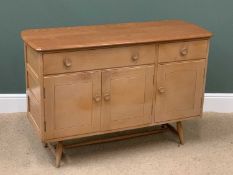 MID-CENTURY ERCOL SIDEBOARD, in light elm, having two drawers over three cupboard doors, 83cms H,