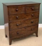 ANTIQUE MAHOGANY CHEST of two short over three long drawers, on splayed supports, 120cms H, 106cms