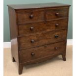 ANTIQUE MAHOGANY CHEST of two short over three long drawers, on splayed supports, 120cms H, 106cms