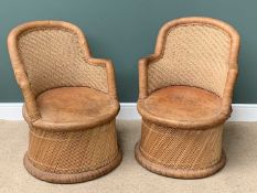 TUB CHAIRS - a pair, in leather and bamboo, basket weave, 96cms H, 72cms W, 56cms D