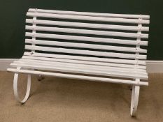 GARDEN BENCH - painted white wooden slats with scrolled metal ends, 85cms H, 128cms W, 75cms D