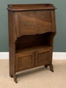 ANTIQUE OAK SLIMLINE BUREAU, with sectional interior and base cupboards and shelves, 122cms H, 81cms