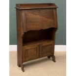 ANTIQUE OAK SLIMLINE BUREAU, with sectional interior and base cupboards and shelves, 122cms H, 81cms