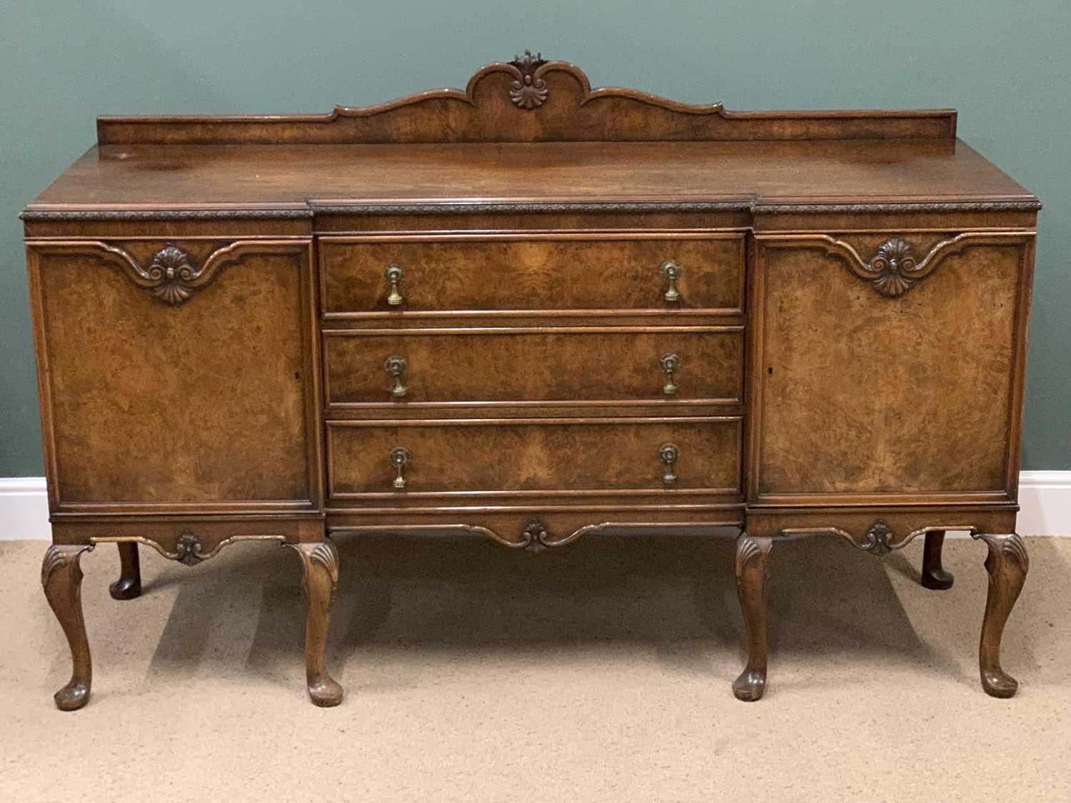 BURR WALNUT BREAKFRONT RAILBACK SIDEBOARD in the Queen Anne style having three central drawers - Image 2 of 5