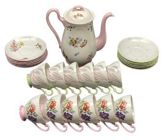 SHELLEY COFFEE/TEAWARE - two part sets consisting pink and white floral decorated coffee pot, six