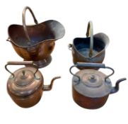 COPPER HELMET SHAPE COAL SCUTTLE - 48cms W, another smaller, both with swing handles and two antique