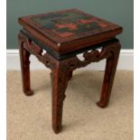 CHINESE OCCASIONAL TABLE - lacquered and painted with warriors, 47cms H, 35cms W, 35cms D