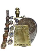 HORSE BRASSES, OTHER BRASSWARE, copper plaque and an EPNS galleried tray