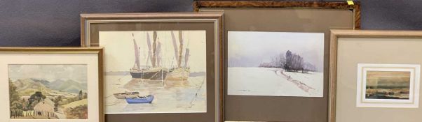 DEREK HEALIS? watercolour - Snow covered landscape, 15 x 22cms and an unsigned watercolour - boats