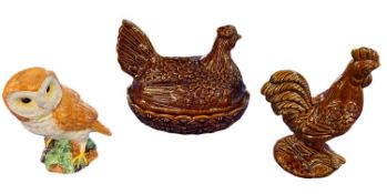 PORTMEIRION TREACLE GLAZED 'HEN ON NEST' and a similar Dartmouth cockerel. Also, Beswick 1046 Barn