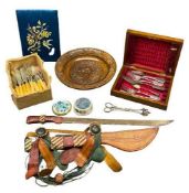 EASTERN SWORD WITHIN A SHEATH, carved wooden bowl, collection of bone handled and other cutlery,