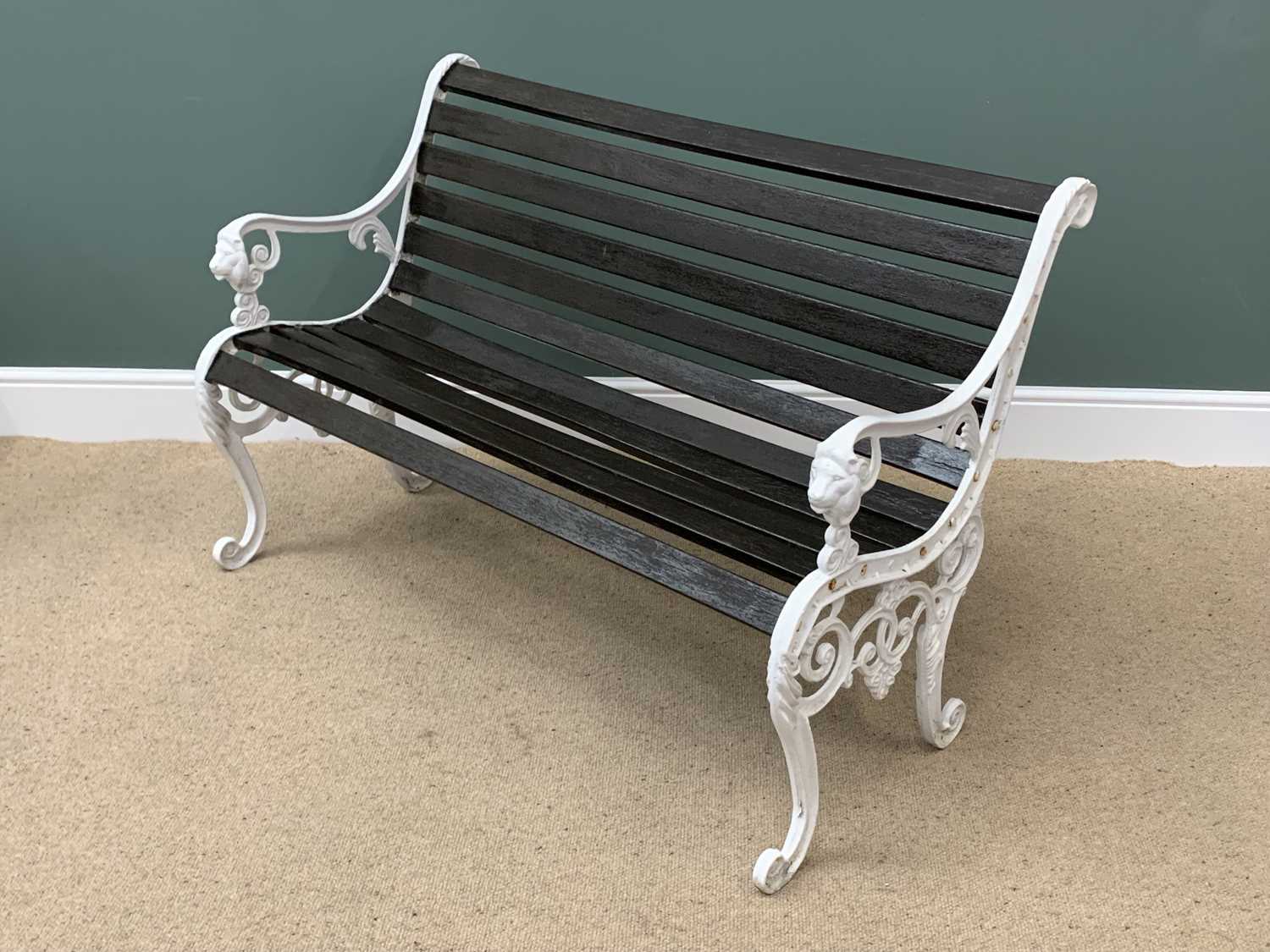 GARDEN BENCH - wooden slats and cast iron ends with Lion handles, 84cms H, 125cms W, 66cms D - Image 2 of 2