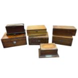 TREEN WORKBOXES (7) to include Burr walnut with mother of pearl detail, 13.5 x 30 x 22cms and a good